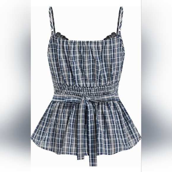 CIDER Gingham Babydoll Tank Top Blue Plaid Size Large NWT 2026 - Picture 2 of 5